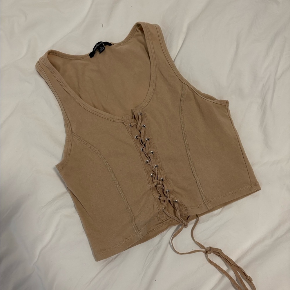 Tan Tie Front Crop Tank Top